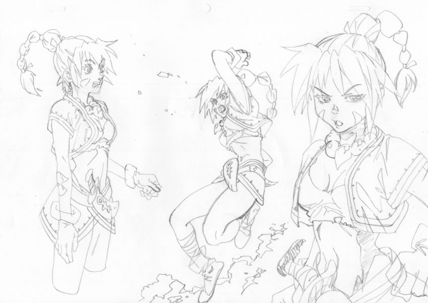 1girl arm_behind_head arm_markings bandaged_leg bandages bead_choker bead_necklace beads boots breasts chrono_cross cleavage crop_top cropped_jacket cropped_legs dagger full_body furrowed_brow gloves greyscale hair_ribbon highres jewelry kid_(chrono_cross) knife long_hair medium_breasts midriff miniskirt monochrome multi-tied_hair multiple_views necklace open_mouth ponytail ribbon sheath shirt short_sleeves sketch skirt takahashi_tomoyuki torn_clothes torn_shirt upper_body weapon white_background