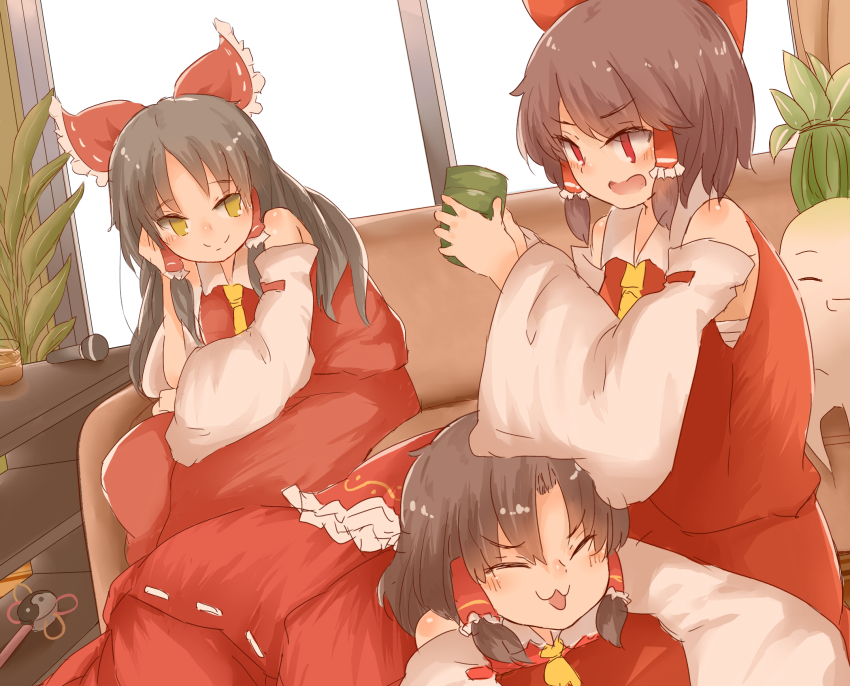 3girls :3 benikurage_(cookie) black_hair blush bow brown_hair closed_eyes closed_mouth commentary_request cookie_(touhou) couch cup detached_sleeves dress feet_out_of_frame frilled_bow frilled_hair_tubes frills hair_bow hair_tubes hakurei_reimu highres holding holding_cup long_hair looking_at_another microphone multiple_girls necktie open_mouth red_bow red_dress red_eyes red_shirt red_skirt reu_(cookie) reu_daikon sananana_(cookie) shirt short_hair skirt sleeveless sleeveless_dress sleeveless_shirt smile soyo1558686 split_mouth touhou white_sleeves yellow_eyes yellow_necktie yin_yang yunomi