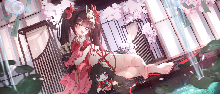 1girl :d absurdres barefoot bell brown_hair butterfly-shaped_pupils doll dress feet flower_tattoo fox_mask highres honkai:_star_rail honkai_(series) japanese_clothes legs looking_at_viewer mark_under_both_eyes mask mask_on_head neck_bell onsen open_mouth pink_eyes red_dress red_nails red_sleeves sandals siroka smile solo sparkle_(doll)_(honkai:_star_rail) sparkle_(honkai:_star_rail) symbol-shaped_pupils tattoo toes twintails unworn_sandals wet