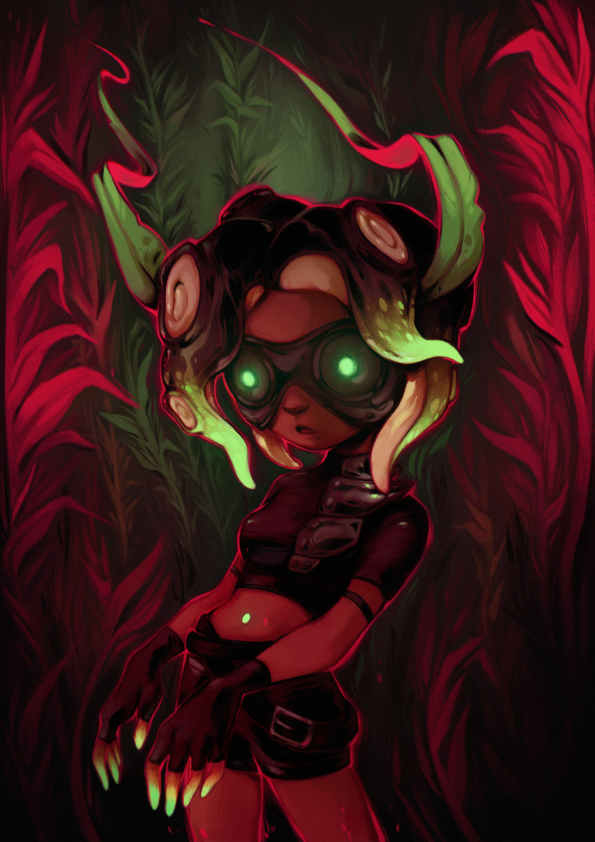 1girl black_shirt black_shorts commentary cowboy_shot dark-skinned_female dark_skin floating_hair glowing glowing_eyes goggles gradient_hair green_eyes highres kelp looking_at_viewer marina_(splatoon) marina_(young)_(splatoon) midriff mole mole_under_mouth multicolored_hair navel nintendo octoling open_mouth shirt short_sleeves shorts solo splatoon_(series) splatoon_2 sprouteeh suction_cups tentacle_hair