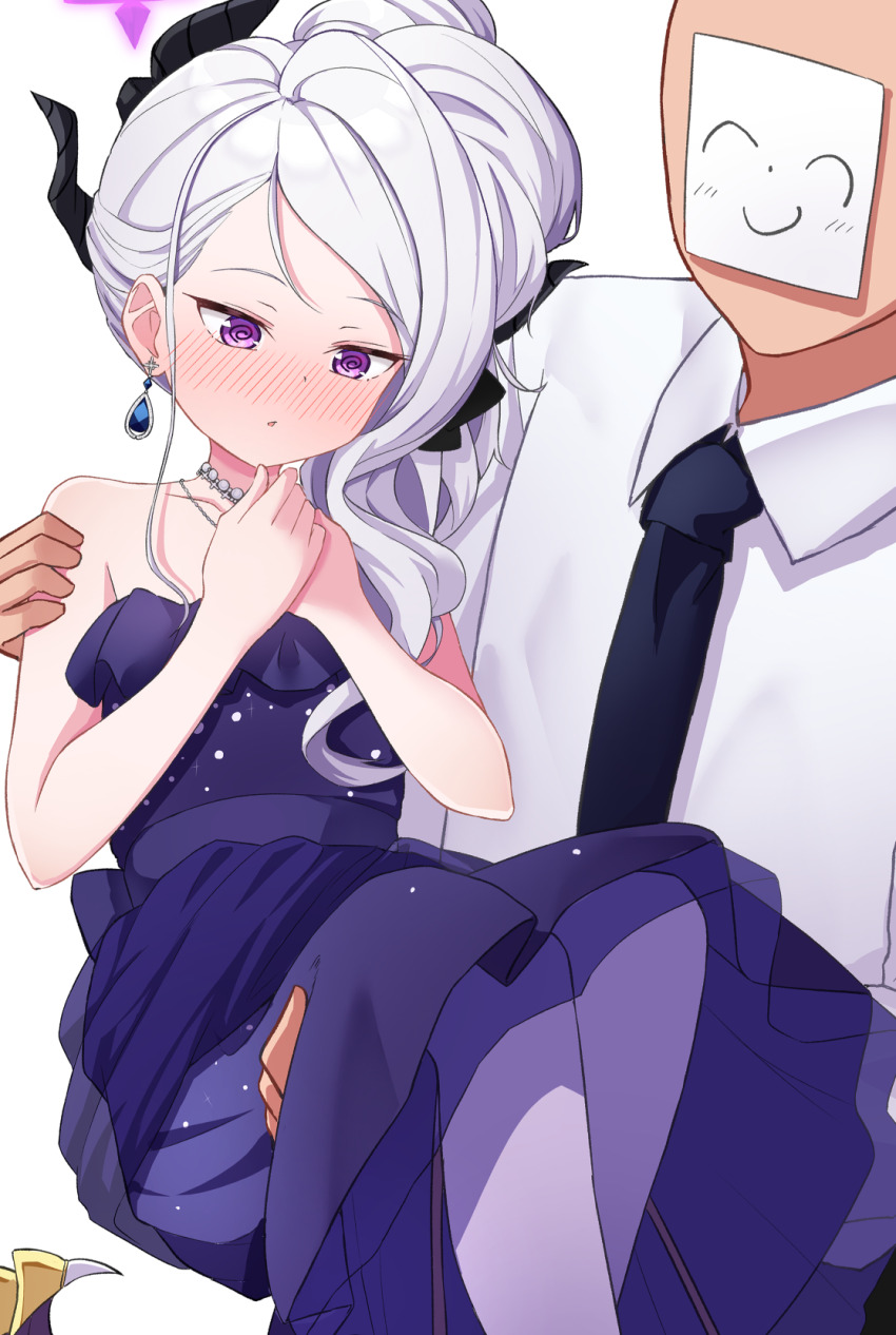 1boy 1girl @_@ asymmetrical_hair bare_shoulders black_horns blue_archive blush carrying carrying_person commentary_request demon_girl demon_horns doodle_sensei_(blue_archive) dress earrings hetero highres hina_(blue_archive) hina_(dress)_(blue_archive) horns jewelry necklace nenosame nose_blush pantyhose parted_lips pearl_necklace purple_dress purple_eyes purple_pantyhose sensei_(blue_archive) strapless strapless_dress white_hair