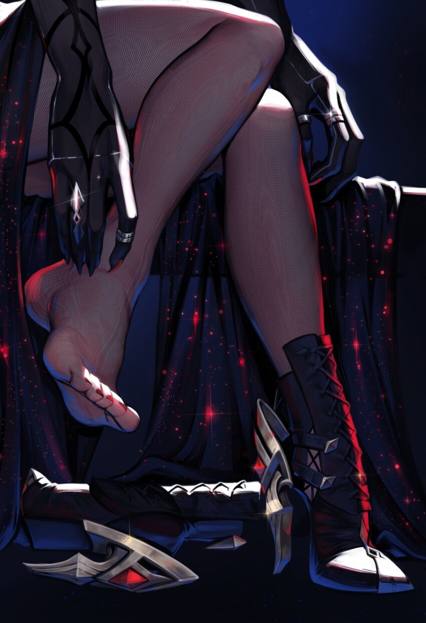 1girl arlecchino_(genshin_impact) black_background black_dress black_hands black_pantyhose black_shoes colored_extremities commentary dress english_commentary feet fingernails foot_focus genshin_impact highres jewelry leg_up long_fingernails lower_body lunart multiple_rings nail_polish pantyhose right_shoe_removed ring shoes single_shoe sitting solo toenail_polish toenails toes unworn_shoes