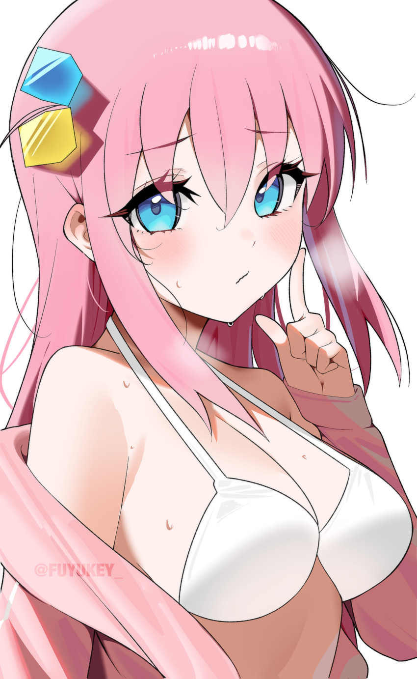 1girl absurdres bikini blue_eyes blush bocchi_the_rock! closed_mouth commentary_request cube_hair_ornament fuyukey gotoh_hitori hair_ornament halterneck hand_up highres index_finger_raised jacket long_hair looking_at_viewer off_shoulder pink_hair pink_jacket simple_background solo sweat swimsuit twitter_username upper_body white_background white_bikini