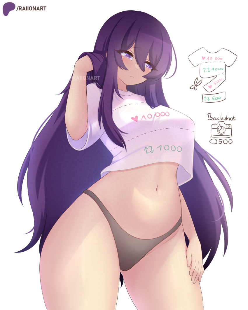 1girl absurdres artist_name blush bottomless breasts camera cut-here_line doki_doki_literature_club eyelashes grey_panties hand_in_own_hair hand_on_own_leg highres large_breasts like_and_retweet long_hair navel panties patreon_logo patreon_username purple_eyes purple_hair raion_(raionart) scissors shirt short_sleeves simple_background standing stomach thick_thighs thighs twitter_cutting_game underwear white_background white_shirt yuri_(doki_doki_literature_club)