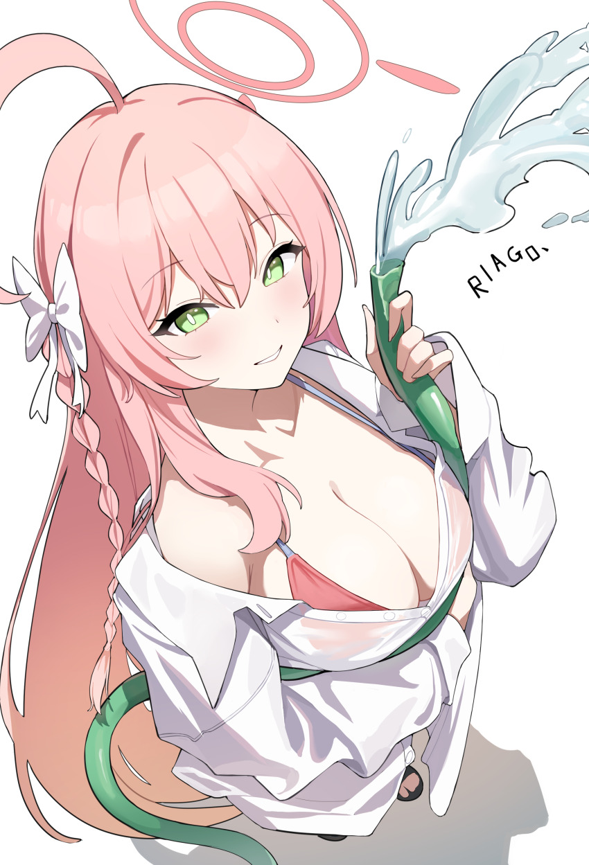 1girl absurdres ahoge artist_name bikini blue_archive bow breasts cleavage collarbone green_eyes hair_bow hanako_(blue_archive) hanako_(swimsuit)_(blue_archive) highres holding holding_hose hose huge_ahoge large_breasts liago long_braid long_hair looking_at_viewer official_alternate_costume pink_hair red_bikini shadow shirt single_bare_shoulder solo standing swimsuit white_background white_shirt