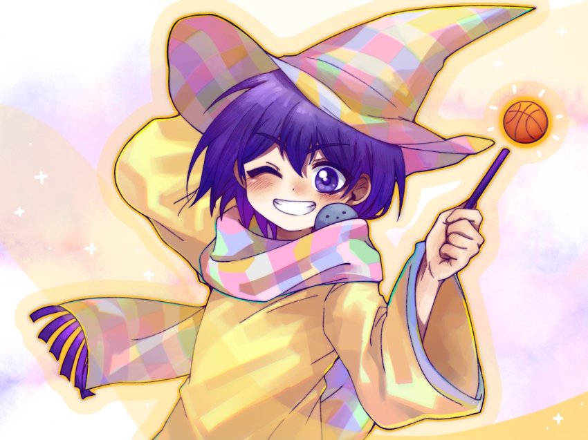 1boy ball basketball basketball_(object) blush grin hat highres holding holding_wand kel_(headspace)_(omori) kel_(omori) linglanjunying long_sleeves looking_at_viewer omori one_eye_closed parted_lips pet_rock purple_eyes purple_hair scarf short_hair smile solo teeth wand wizard_hat