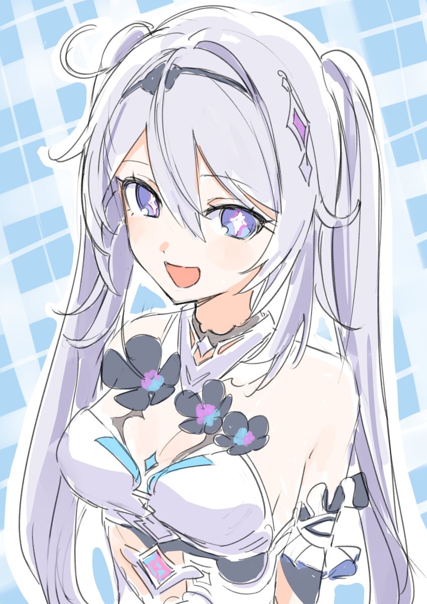 1girl :d absurdres ahoge bare_shoulders blue_background blue_eyes dress grey_hair hair_intakes highres honkai_(series) honkai_impact_3rd kiana_kaslana kiana_kaslana_(herrscher_of_finality) long_hair looking_at_viewer open_mouth plaid_background roena smile solo twintails upper_body very_long_hair white_dress