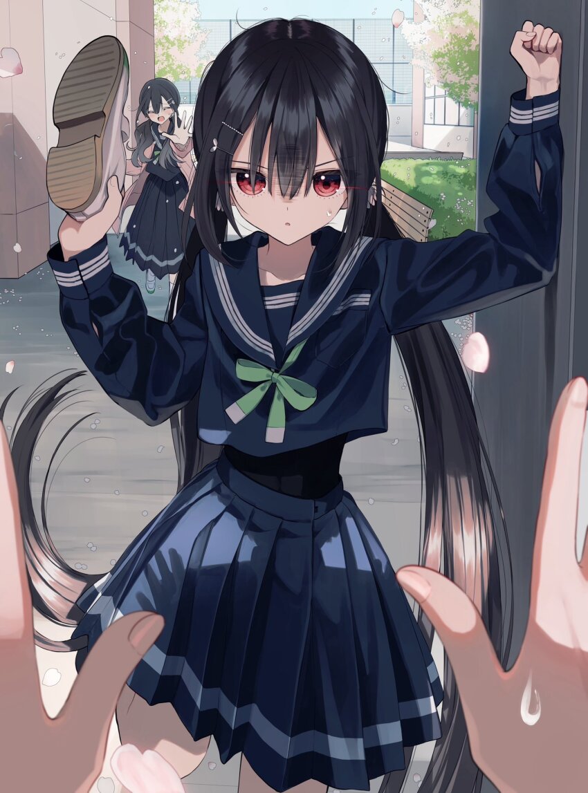 1boy 2girls angry bench black_hair black_shirt blue_serafuku blue_shirt blue_skirt breast_pocket bush cardigan clenched_hand closed_eyes collarbone commentary_request day eye_trail falling_petals fence fingernails green_ribbon hair_between_eyes hair_ornament hairclip hands_up highres holding_shoe incoming_attack light_trail long_hair long_sleeves looking_at_viewer low_twintails multiple_girls open_cardigan open_clothes open_hands open_mouth original parted_lips pentagon_(railgun_ky1206) petals pink_cardigan pleated_skirt pocket pov pov_hands pov_shadow reaching reaching_towards_viewer red_eyes ribbon running running_towards_viewer school_uniform serafuku shirt shoes sidelocks skirt straight-on sweatdrop twintails unworn_shoe unworn_shoes very_long_hair