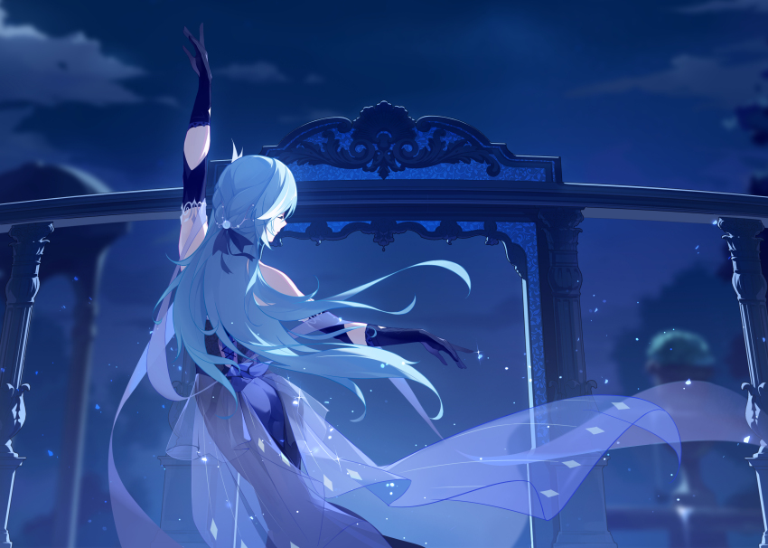 1girl absurdres alternate_costume alternate_hairstyle arm_up ass bare_shoulders blue_dress blue_gloves blue_hair braid chinese_commentary closed_eyes commentary_request dancing dress elbow_gloves eula_(genshin_impact) facing_to_the_side floating_hair from_behind genshin_impact gloves half_updo highres hobble_dress light_particles long_dress long_hair night night_sky outdoors sky solo tight_clothes tight_dress via_shinan