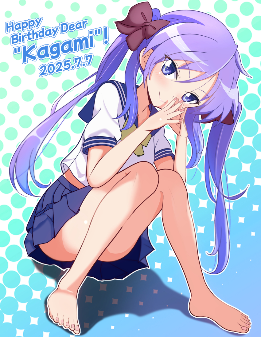 ! 1girl 2025 absurdres barefoot birthday blue_eyes blue_sailor_collar character_name closed_mouth collarbone convenient_censoring dated english_text feet female_focus full_body hair_between_eyes happy highres hiiragi_kagami kumaisao legs long_hair looking_at_viewer lucky_star no_shoes purple_hair ryouou_school_uniform sailor_collar school_uniform serafuku shirt short_sleeves sitting skirt smile solo summer_uniform thighs twintails white_shirt