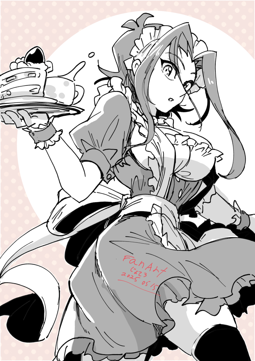 1girl breasts cake cleavage cowboy_shot dress food greyscale_with_colored_background highres holding holding_tray izayoi_aki jote_(chokure) large_breasts long_hair maid maid_headdress pink_background strawberry_shortcake tray yu-gi-oh! yu-gi-oh!_5d&#039;s