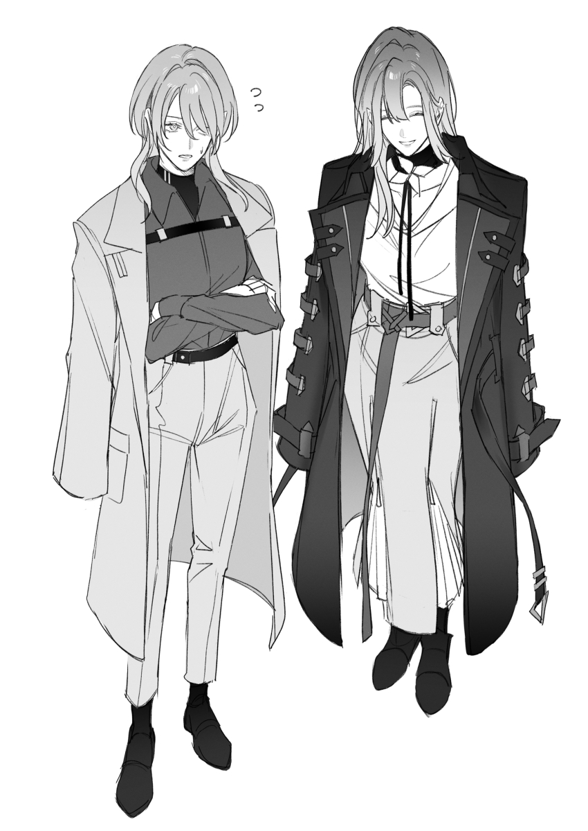 2girls ^_^ belt belt_buckle belted_coat boots buckle chest_belt chief_(path_to_nowhere) closed_eyes coat coat_on_shoulders collarbone collared_coat collared_shirt crossed_arms dress_pants dress_shoes female_chief_(path_to_nowhere) flying_sweatdrops frown full_body gradient_hair greyscale hair_between_eyes hair_over_one_eye high-waist_pants highres lab_coat lapels layered_skirt long_hair long_skirt monochrome multicolored_hair multiple_girls neck_flower neck_ribbon nervous notched_lapels open_belt open_mouth pants parted_lips path_to_nowhere pleated_skirt pocket ribbon scarf shalom_(path_to_nowhere) shirt sidelocks simple_background skirt smile socks standing sweatdrop toho10min turtleneck turtleneck_shirt undershirt white_background