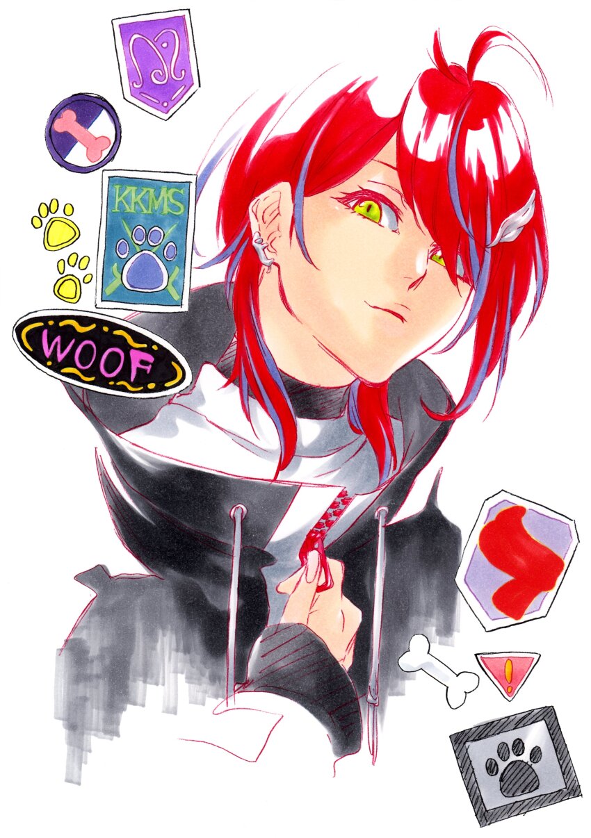 1girl absurdres akane_canna akane_canna_(2nd_costume) antenna_hair black_jacket black_shirt drawstring earrings green_eyes hair_between_eyes hair_ornament high_collar highres hiyoku_no_crosspiece jacket jewelry ken&#039;ichi_(ken1ro_u) long_sleeves looking_at_viewer marker_(medium) multicolored_hair nanashi_inc. official_alternate_costume purple_hair red_hair shirt sleeves_past_wrists solo sticker streaked_hair sweater traditional_media two-tone_hair upper_body virtual_youtuber white_background white_sweater wing_hair_ornament zipper zipper_pull_tab