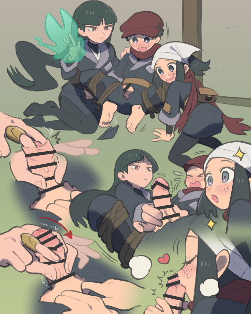 &gt;_&lt; 1boy 2girls absurdres akari_(pokemon) bar_censor black_eyes black_hair blush brown_eyes censored closed_eyes commentary_request commission fellatio ffm_threesome galaxy_expedition_team_survey_corps_uniform group_sex handjob headscarf highres kinni loli long_hair looking_at_penis multiple_girls nintendo oral penis pixiv_commission pokemon pokemon_legends:_arceus pokemon_lgpe ponytail rei_(pokemon) restrained sabrina_(pokemon) short_hair shota threesome