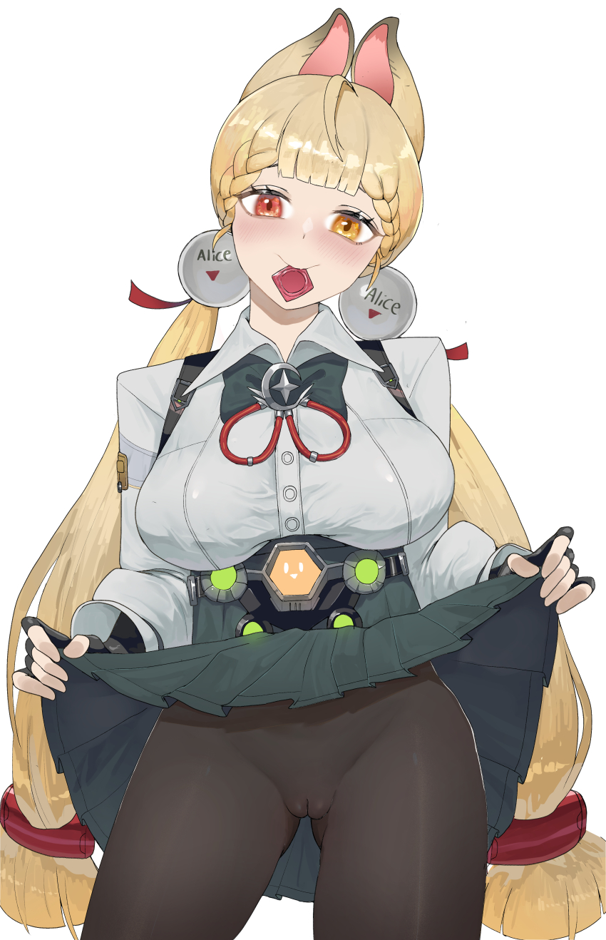 1girl absurdres ahoge alice_thymefield animal_ears black_bow black_bowtie black_gloves black_pantyhose black_skirt blonde_hair blush bow bowtie breasts cameltoe clothes_lift commentary condom condom_in_mouth cowboy_shot fingerless_gloves gloves heterochromia highres large_breasts lifting_own_clothes long_hair long_sleeves looking_at_viewer mouth_hold paid_reward_available pantyhose pleated_skirt rabbit_ears rabbit_girl red_eyes shirt simple_background skirt skirt_lift solo sphere_hair_ornament standing twintails white_background white_shirt yellow_eyes yellow_glasses_(odivichno) zenless_zone_zero