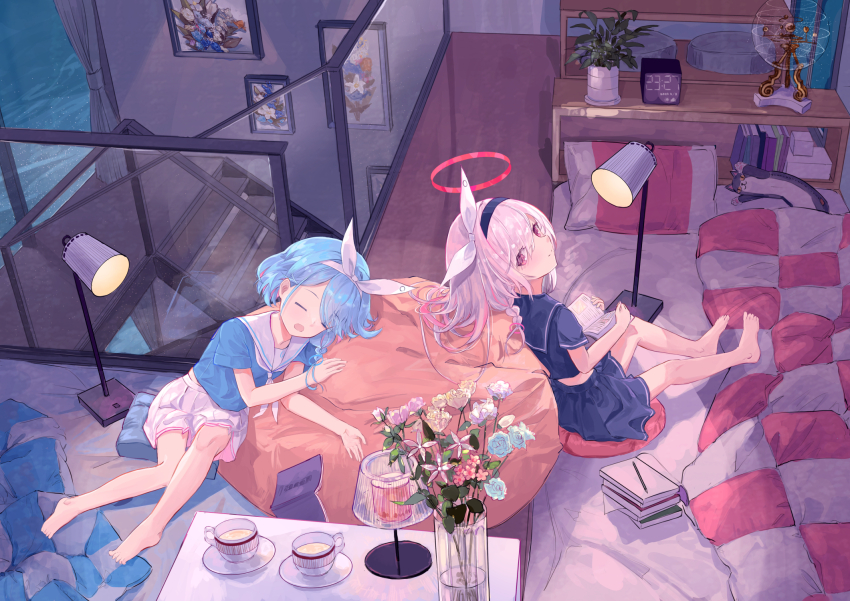 2girls arona_(blue_archive) bare_legs barefoot black_hairband black_sailor_collar black_serafuku black_skirt blue_archive blue_hair blue_shirt book book_stack bow_hairband closed_eyes closed_mouth colored_inner_hair commentary_request desk desk_lamp flower forest_0 futon hairband halo highres holding holding_book lamp long_hair looking_at_viewer multicolored_hair multiple_girls no_halo open_book open_mouth pen picture_frame pillow pink_hair plana_(blue_archive) plant plate potted_plant red_eyes red_halo sailor_collar school_uniform serafuku shirt sitting_on_pillow skirt sleeping stairs stuffed_animal stuffed_cat stuffed_toy white_hair white_hairband white_sailor_collar white_skirt