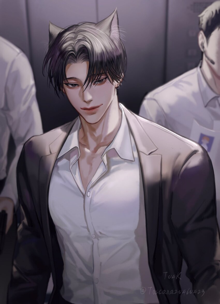 3boys animal_ears artist_name black_eyes black_hair black_jacket blurry blurry_background cat_ears collarbone earrings elevator elevator_door faceless faceless_male gun hair_between_eyes highres holding holding_gun holding_weapon jacket jewelry looking_at_viewer male_focus microphone multiple_boys open_clothes open_jacket original shirt short_hair solo_focus thick_lips toscana20460423 twitter_username upper_body weapon white_shirt
