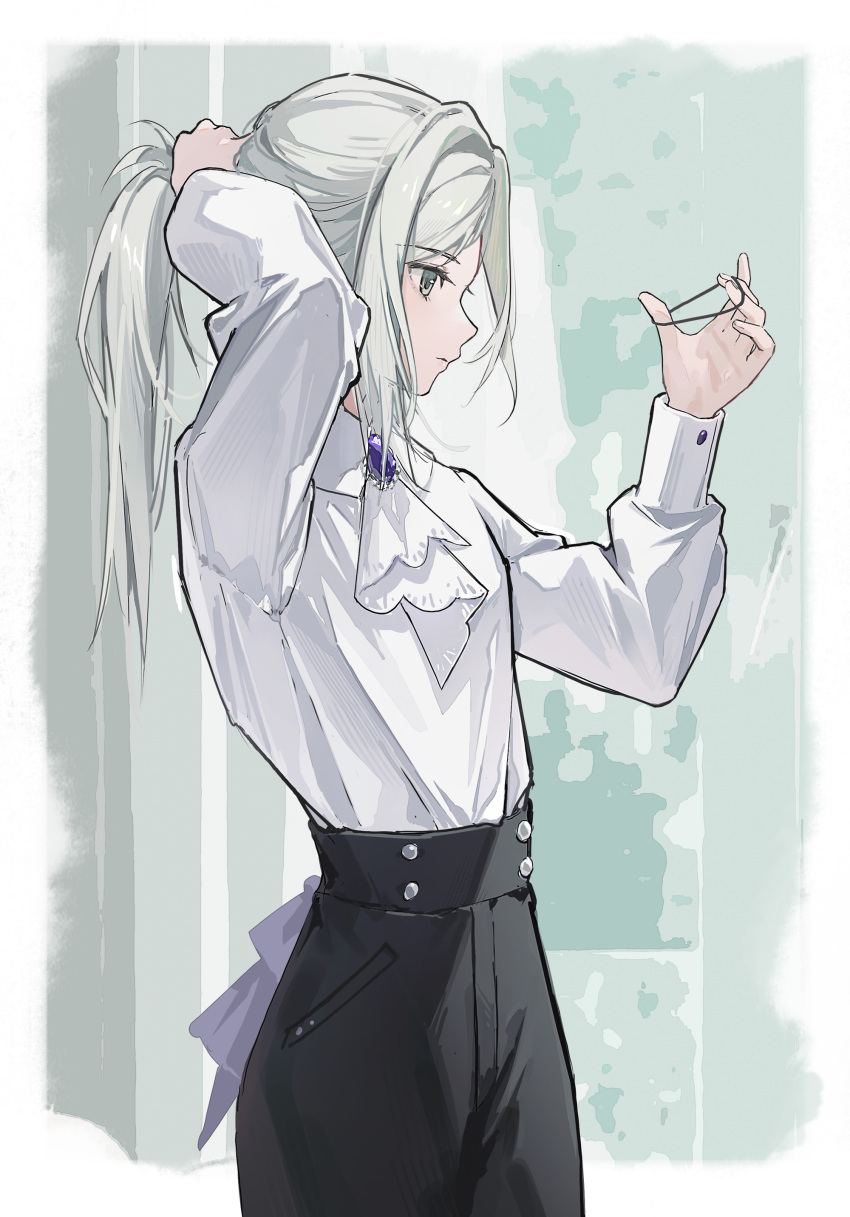 1girl absurdres ascot black_pants border collared_shirt cowboy_shot fading_border from_side grey_background grey_eyes grey_hair hair_tie hands_up highres holding holding_hair_tie holding_own_hair long_sleeves outside_border pants pillar profile reverse:1999 shirt shirt_tucked_in solo tying_hair vertin_(reverse:1999) white_ascot white_shirt yukiri_(l_ii)