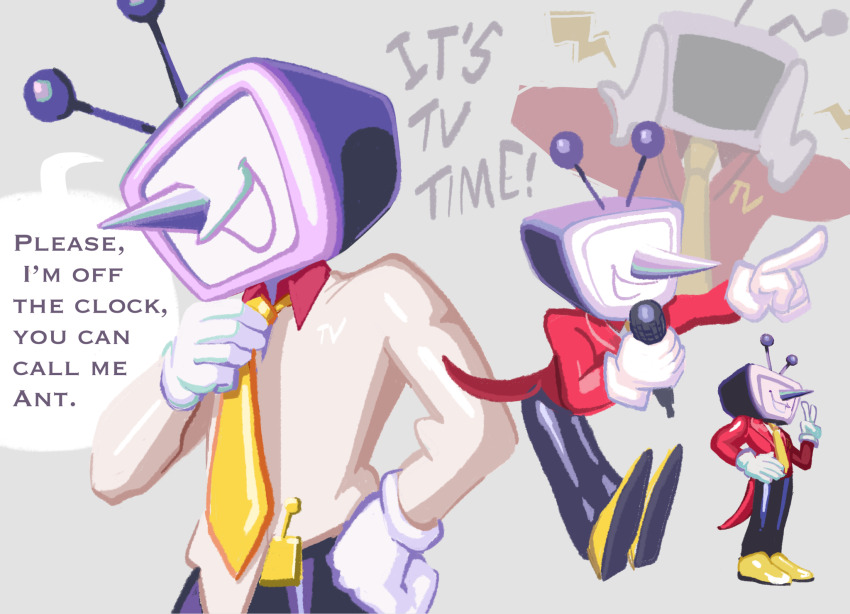 1boy adjusting_clothes adjusting_necktie ant_tenna black_pants bradbradleyart brown_shirt clutching_head deltarune english_text gloves grey_background hands_on_own_head highres holding holding_microphone jacket male_focus microphone multiple_views necktie object_head outstretched_arm pants pointing pointy_nose shirt shirt_partially_tucked_in shoes simple_background speech_bubble tailcoat v white_gloves yellow_necktie yellow_shoes