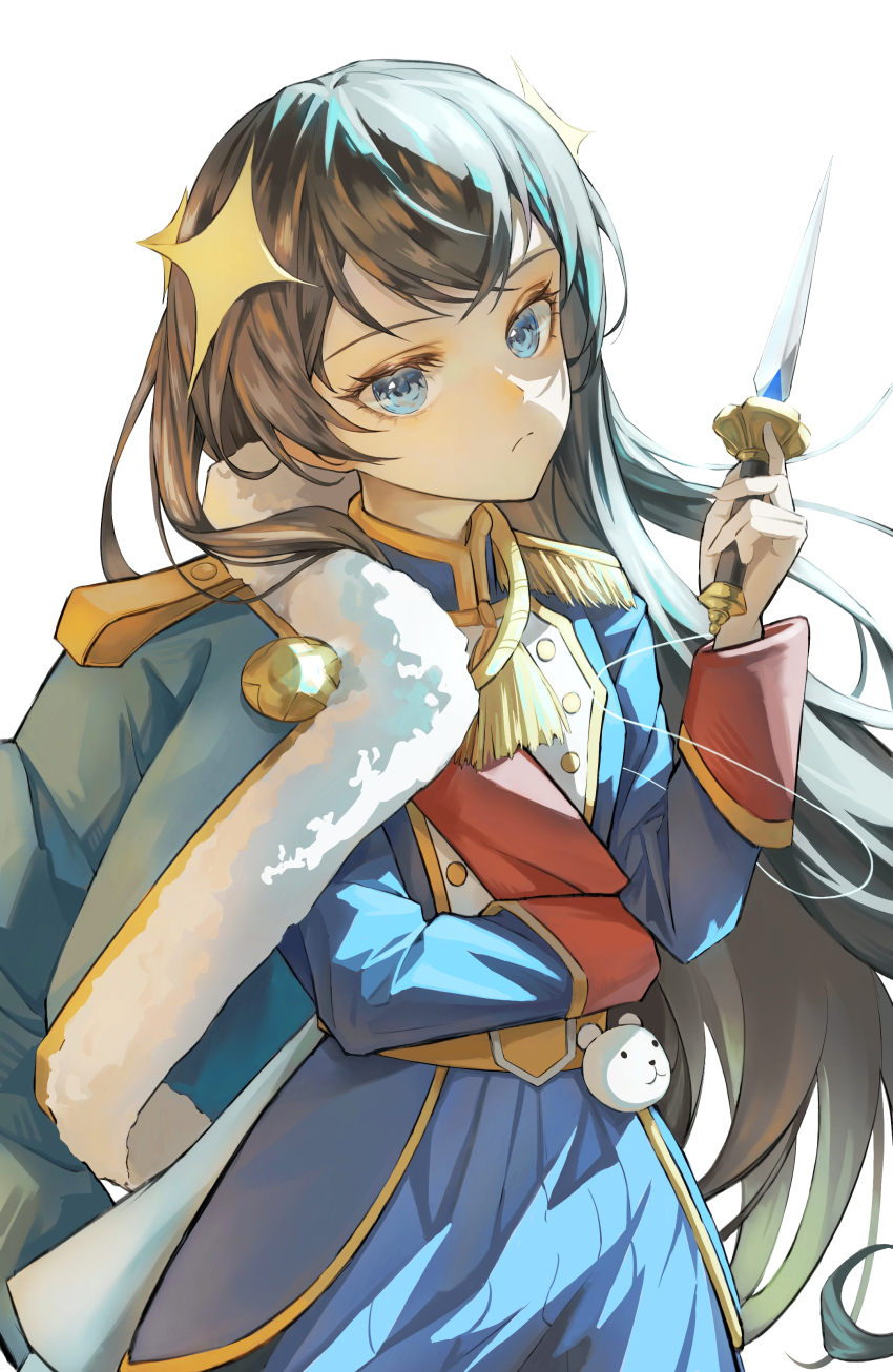 1girl absurdres aiguillette arm_across_waist badge belt belt_buckle blue_eyes blue_jacket blue_skirt buckle cape chinese_commentary closed_mouth collared_jacket commentary_request cowboy_shot crossed_bangs dagger epaulettes floating_hair fur-trimmed_jacket fur_trim grey_hair hand_up head_tilt highres holding holding_dagger holding_knife holding_weapon jacket jacket_on_shoulders kagura_hikari knife light_frown long_hair long_sleeves looking_at_viewer making-of_available multicolored_hair multicolored_jacket partial_commentary red_sash red_sleeve_cuffs sash shoujo_kageki_revue_starlight shoulder_sash sidelighting skirt solo sparkle_hair_ornament string stuffed_animal stuffed_toy tassel teddy_bear tongshan_treeless waist_cape weapon white_cape white_jacket yellow_belt yellow_trim
