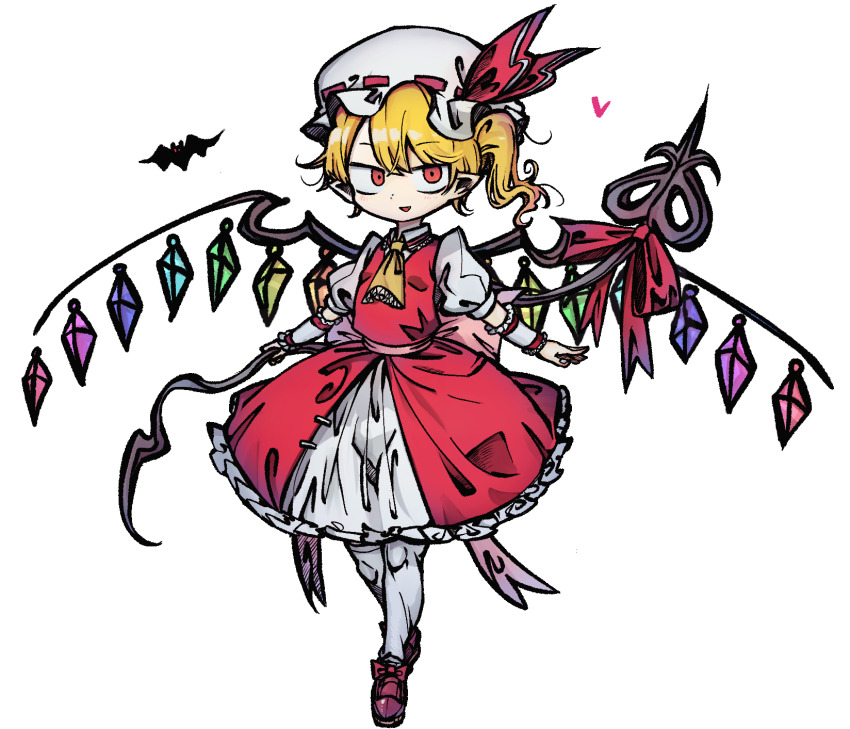 1girl ascot bat_(animal) blonde_hair bow crystal flandre_scarlet frills full_body hat highres laevatein_(touhou) looking_at_viewer mary_janes mob_cap open_mouth pantyhose piaki pointy_ears puffy_short_sleeves puffy_sleeves red_eyes shirt shoes short_sleeves side_ponytail simple_background skirt solo touhou white_background white_pantyhose wings wrist_cuffs yellow_ascot