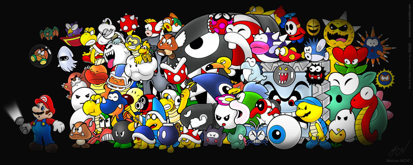 absurdres blooper_(mario) bob-omb boo_(mario) bullet_bill cheep_cheep dry_bones goomba hammer_bro highres kamek koopa_troopa lakitu long_image mario mario_(series) monty_mole nintendo shy_guy spiny_egg super_mario_bros._1 thwomp whomp wide_image wiggler