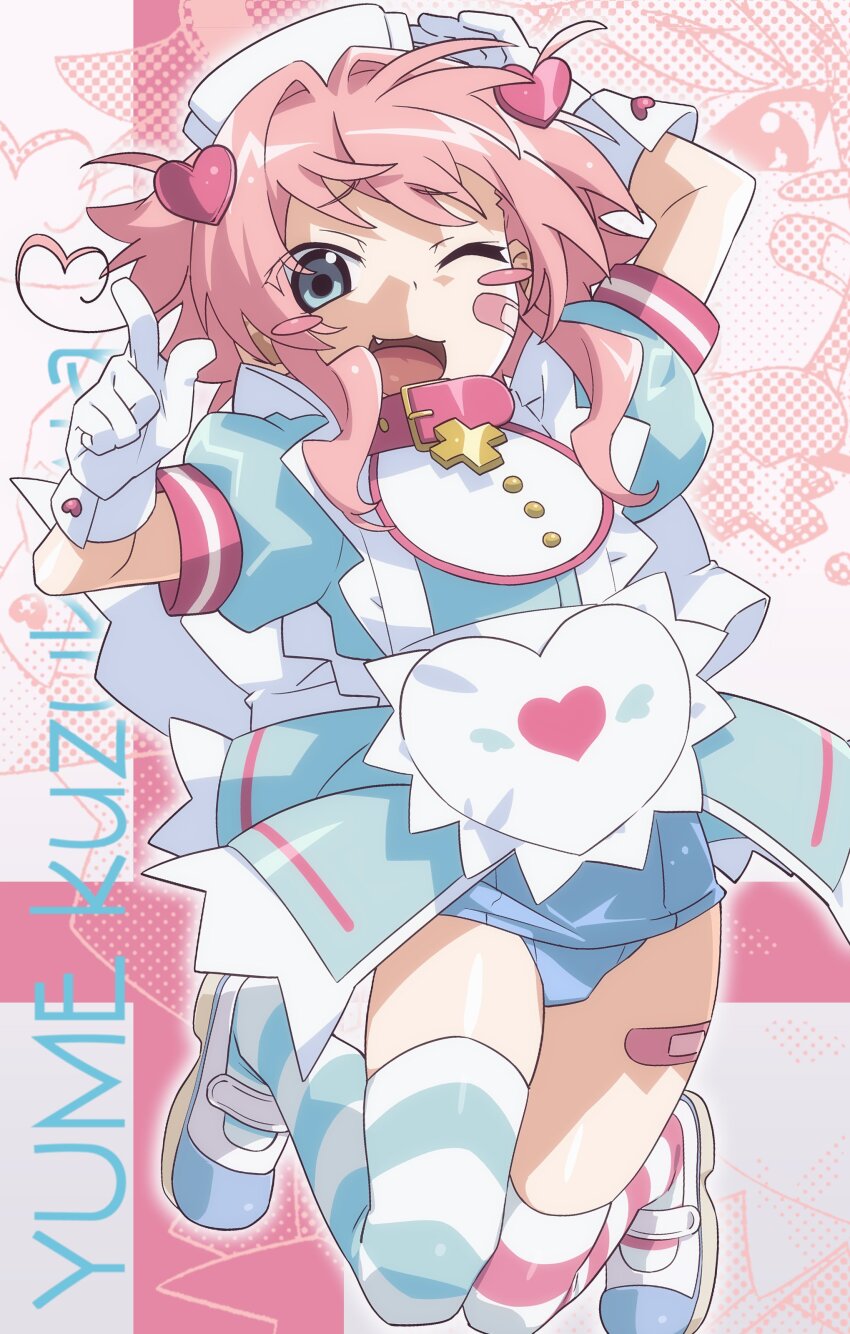 1other :3 absurdres apron bandaid bandaid_on_face bandaid_on_leg bib blue_dress blue_eyes blue_shoes blue_thighhighs blush_stickers bow character_name collar commentary_request commission cross dress fang gloves hair_intakes hair_ornament hat heart heart_hair_ornament highres indie_virtual_youtuber jumping kirinoha magical_girl mismatched_thighhighs nurse_cap official_alternate_costume one_eye_closed open_mouth other_focus pink_collar pink_hair pink_thighhighs puffy_short_sleeves puffy_sleeves school_swimsuit shoes short_hair_with_long_locks short_sleeves sidelocks skeb_commission solo striped_clothes striped_thighhighs swimsuit thighhighs uwabaki virtual_youtuber watanabe_akio_(style) white_apron white_bow white_gloves white_hat white_shoes white_thighhighs yume_kuzukawa zoom_layer