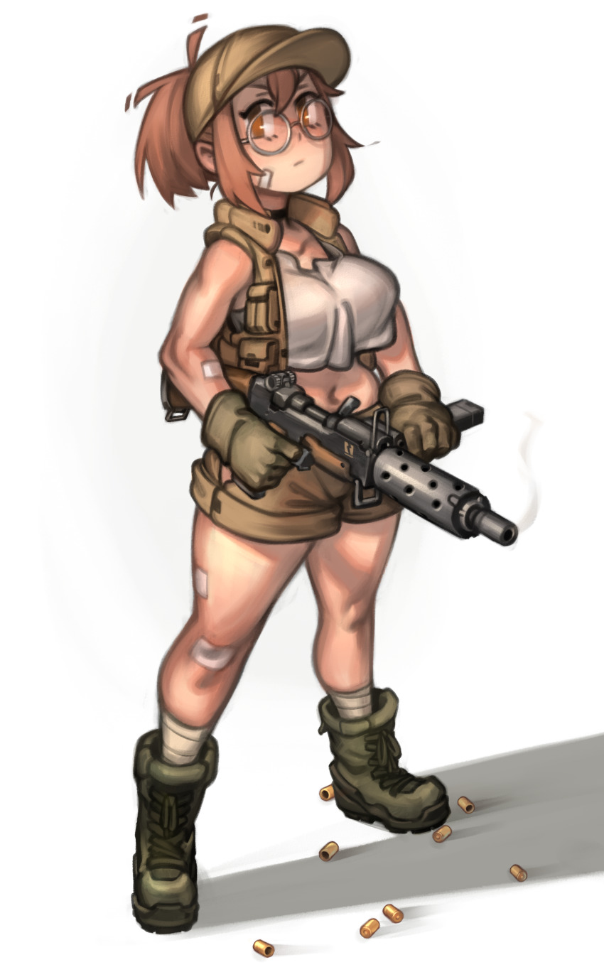 1girl absurdres bandaged_leg bandages bandaid bandaid_on_face bandaid_on_knee bandaid_on_leg baseball_cap black_choker boots breasts brown_eyes brown_hair choker combat_boots crop_top crop_top_overhang finger_on_trigger fio_germi full_body glasses gloves gun hat highres kelvin_hiu load_bearing_vest looking_at_viewer medium_breasts metal_slug midriff muffin_top navel round_eyewear shell_casing sidelocks sleeveless smoke smoking_barrel solo standing sten_gun submachine_gun weapon