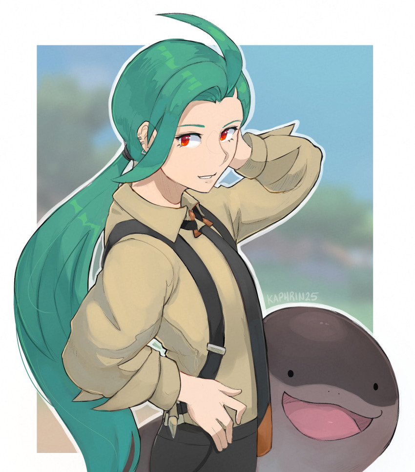 1girl absurdres ahoge artist_name clodsire collared_shirt commentary earrings eyelashes green_hair hand_on_own_hip hand_up highres jewelry kaphrin long_hair necktie nintendo outline pants pokemon pokemon_(creature) pokemon_sv ponytail red_eyes rika_(pokemon) shirt smile suspenders teeth