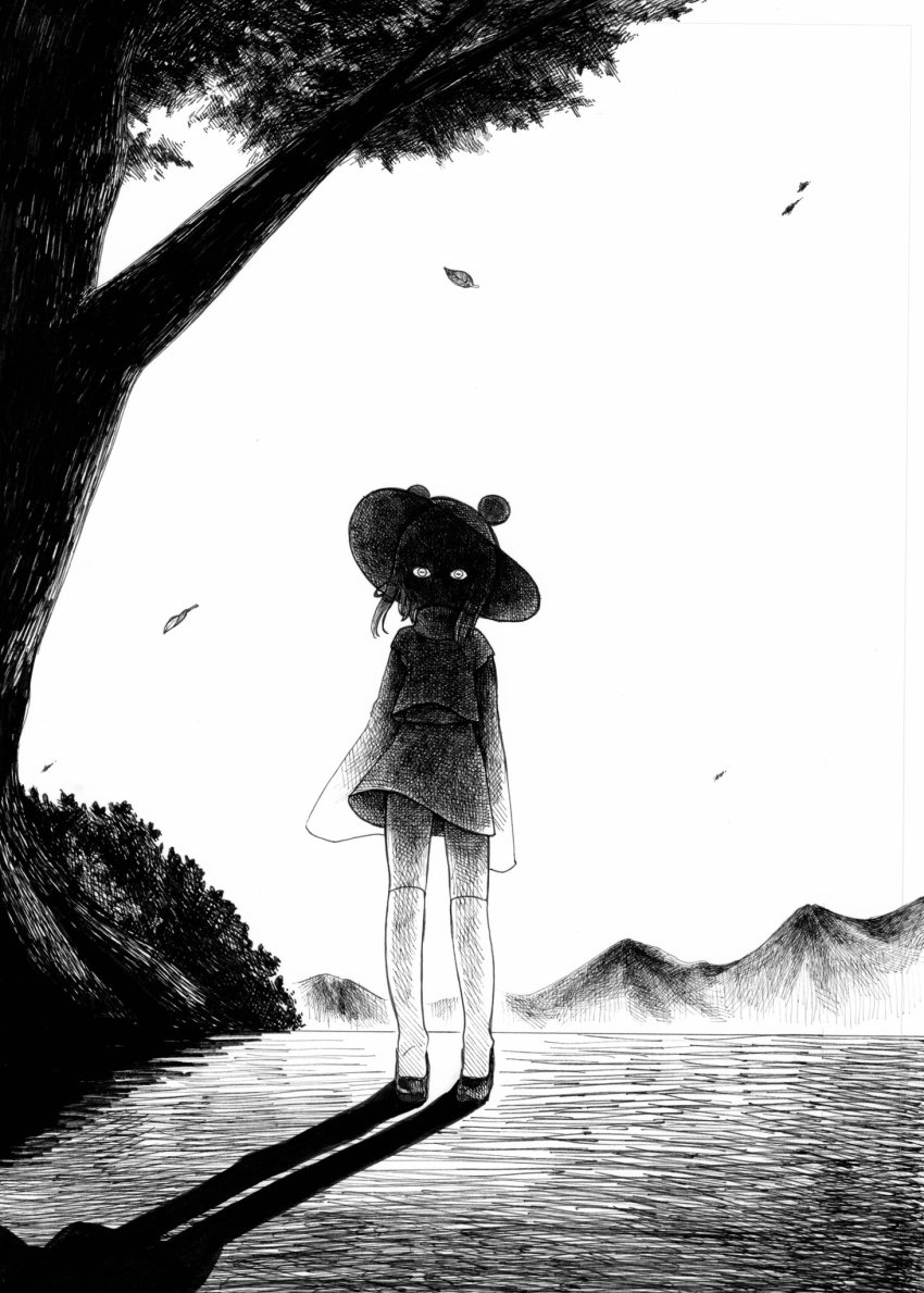 1girl bush eyes_in_shadow greyscale highres horizontal_pupils landscape leaf monochrome moriya_suwako mountain shaded_face shoes skirt solo thighhighs touhou tree vest white_background whoru wide_sleeves
