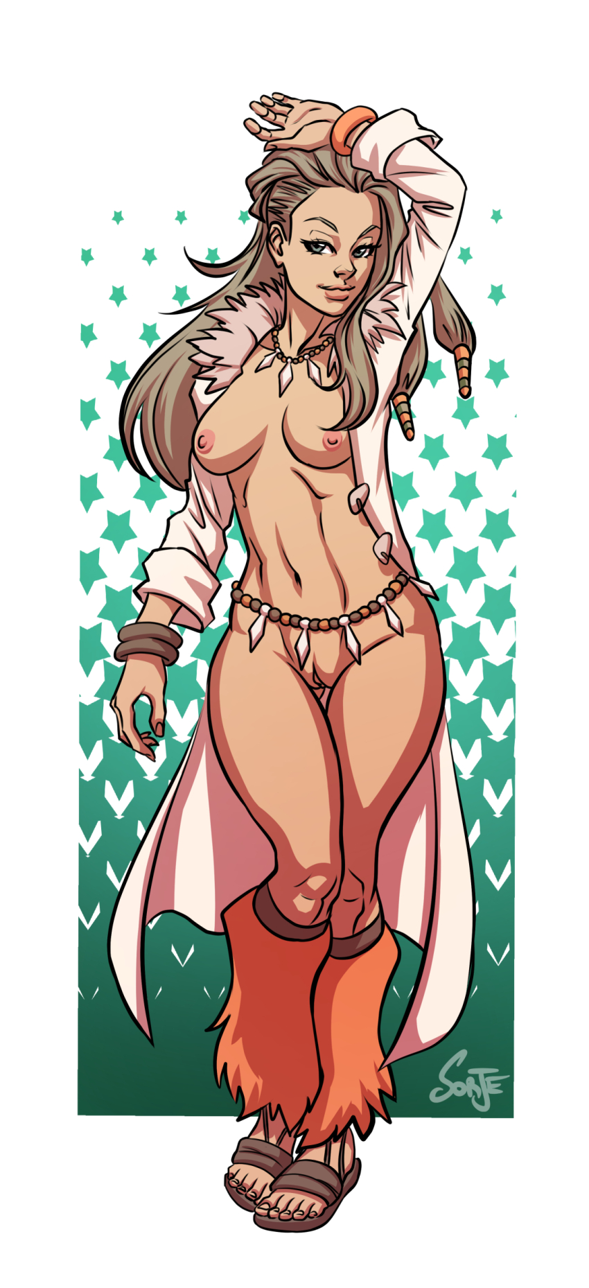 1girl absurdres arm_up armlet artist_name breasts brown_hair coat hand_up highres jewelry lab_coat long_hair long_sleeves medium_breasts midriff naked_coat navel necklace nintendo nipples nude open_clothes open_coat orange_nails pokemon pokemon_sv pussy sada_(pokemon) sandals shirt shorts solo sorje star_(symbol) star_symbol_background wide_hips