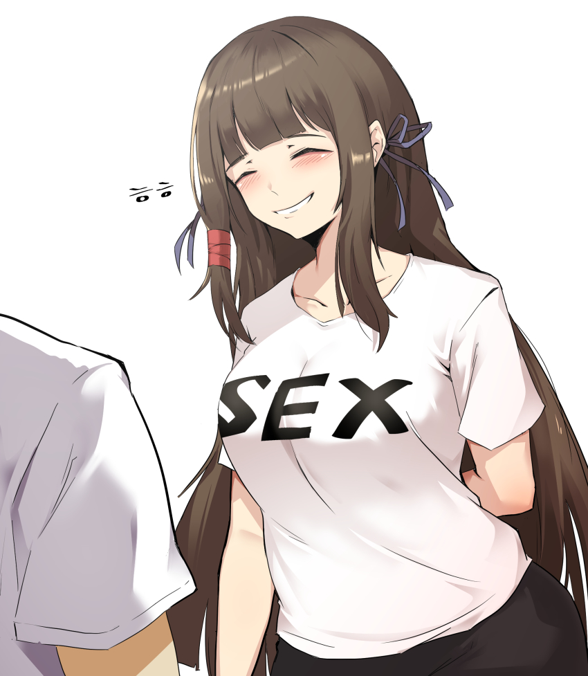 1boy 1girl arm_behind_back blush brown_hair closed_eyes clothes_writing hair_ornament halusal-i highres last_origin long_hair scissors_lise shirt simple_background smile straight_hair white_background white_shirt