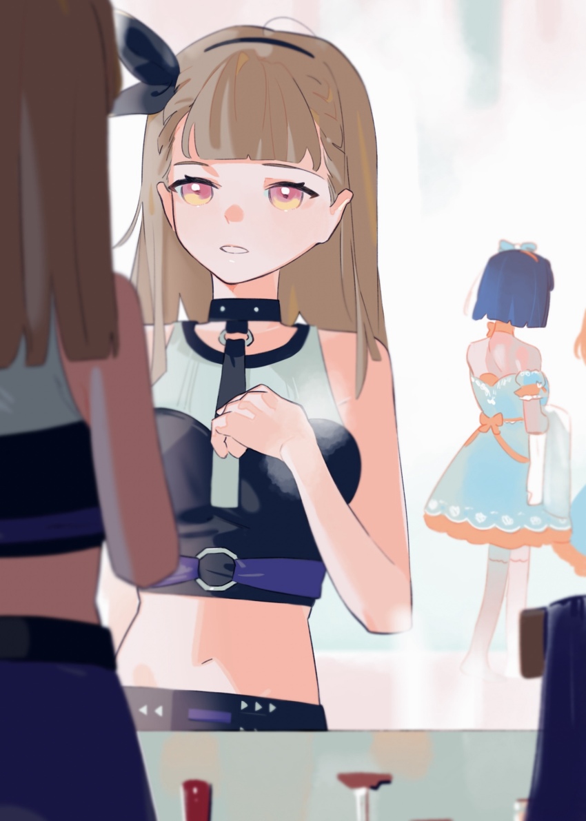 3girls ampere_(love_live!) backless_dress backless_outfit bare_shoulders black_hair black_hairband black_shirt blue_dress braid breasts brown_hair celebration!_(love_live!) center-flap_bangs commentary detached_sleeves dress hairband highres hinoshita_kaho indoors kachimachi_kosuzu link!_like!_love_live! long_hair looking_at_mirror love_live! medium_breasts midriff mirror momose_ginko multiple_girls navel no_coat o-ring official_alternate_costume parted_lips pink_eyes pipi_(m1x_mix) puffy_short_sleeves puffy_sleeves shirt short_sleeves side_braids solo_focus standing strapless strapless_dress symbol-only_commentary virtual_youtuber