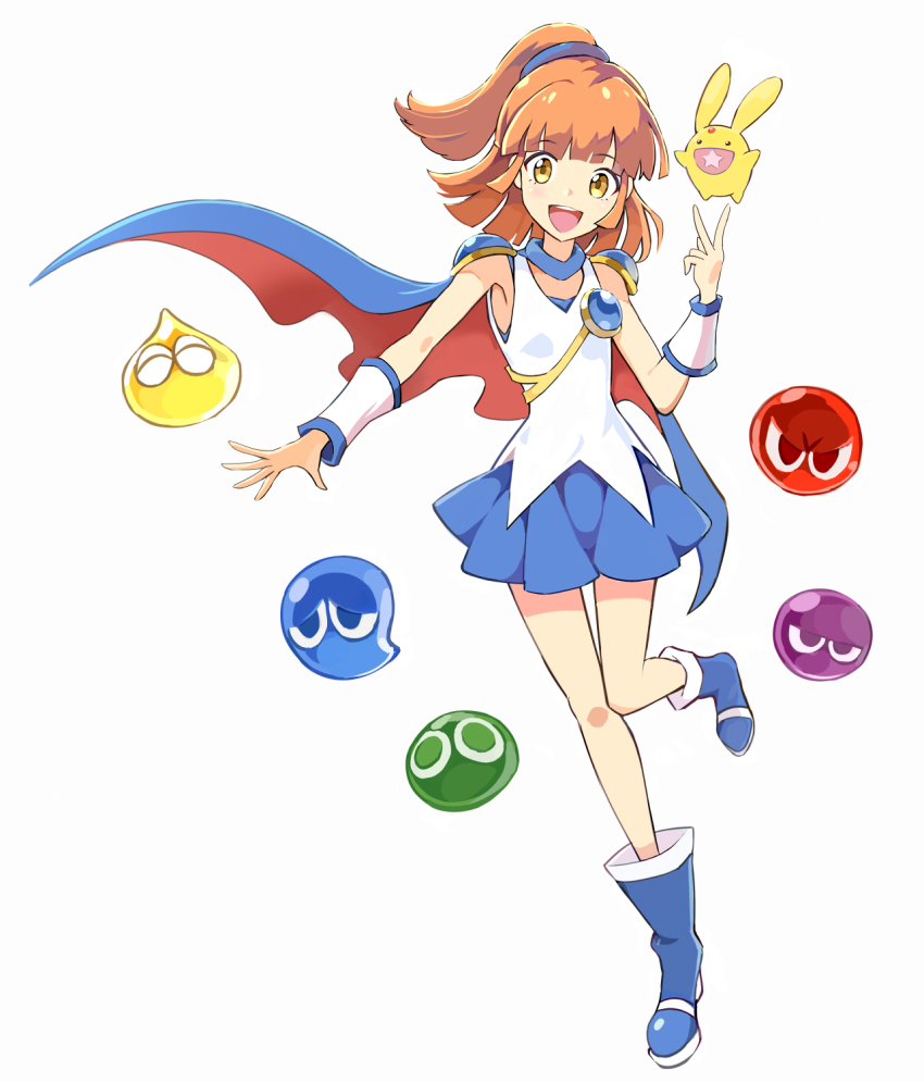 1girl 6+others :d arle_nadja blue_cape blue_footwear blue_skirt blunt_bangs boots brown_eyes brown_hair cape carbuncle_(puyopuyo) commentary creature highres looking_at_viewer multiple_others okken open_mouth ponytail puyo_(puyopuyo) puyopuyo rabbit shirt short_hair short_ponytail simple_background skirt sleeveless sleeveless_shirt smile white_background