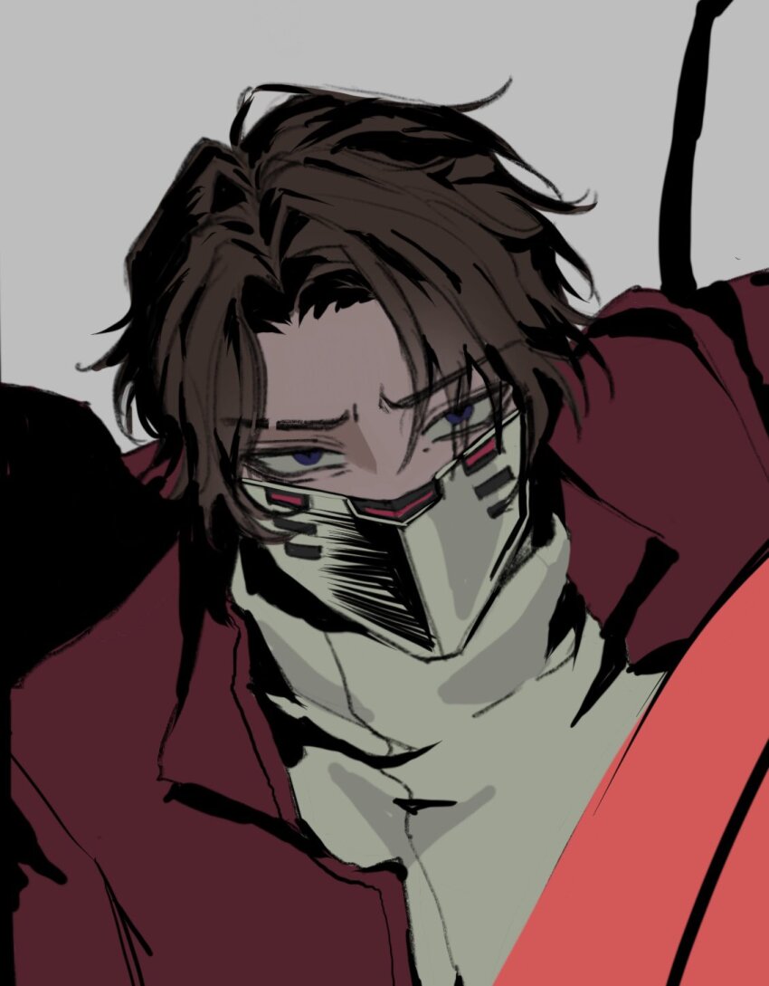 1boy brown_hair chanil_(muexlku) dark-skinned_male dark_skin furrowed_brow heathcliff_(project_moon) highres jacket limbus_company looking_at_viewer male_focus mask mouth_mask multicrack_office_(identity)_(project_moon) open_clothes open_jacket project_moon red_jacket shirt turtleneck white_shirt