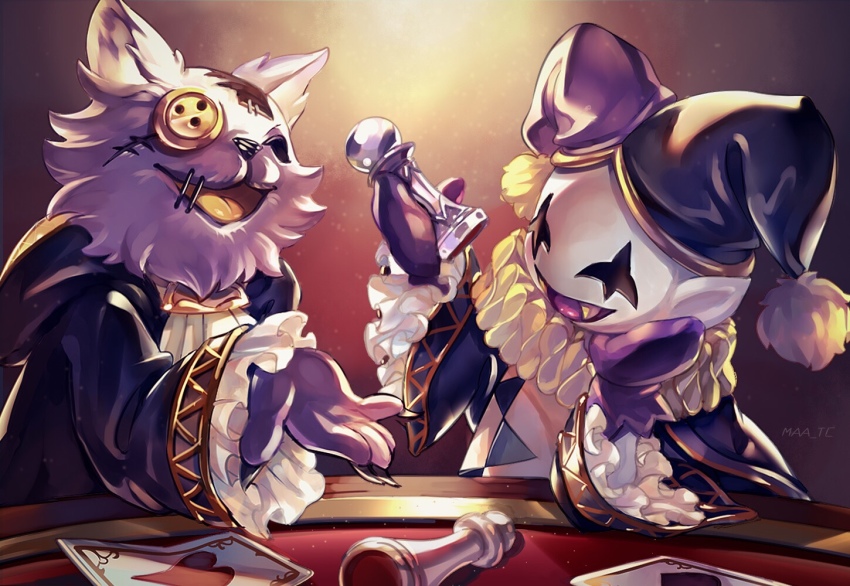 2others :d artist_name black_robe button_eyes buttons card chess_piece claws colored_skin deltarune fangs frills fur hat hood hood_down jester_cap jevil maa_tc multiple_others open_mouth pawn_(chess) playing_card robe scar seam_(deltarune) smile stitches upper_body utdr_(toby_fox) white_skin wide_sleeves