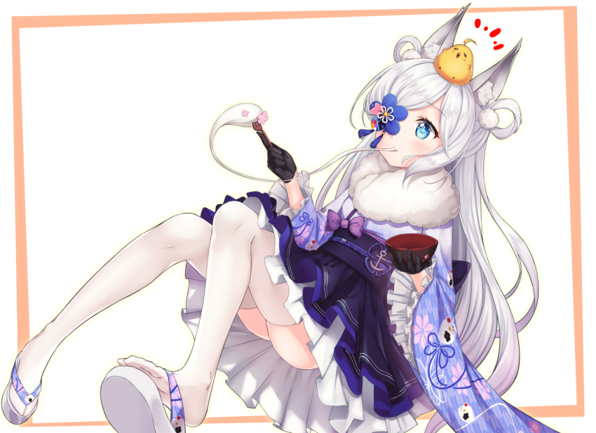 1girl animal_ears azur_lane black_gloves blue_eyes bowl caron_(straycat910) fox_ears frilled_skirt frilled_sleeves frills gloves japanese_clothes kasumi_(azur_lane) kasumi_(new_year&#039;s_comfort)_(azur_lane) long_hair manjuu_(azur_lane) sandals skirt thighhighs white_hair white_thighhighs zouri