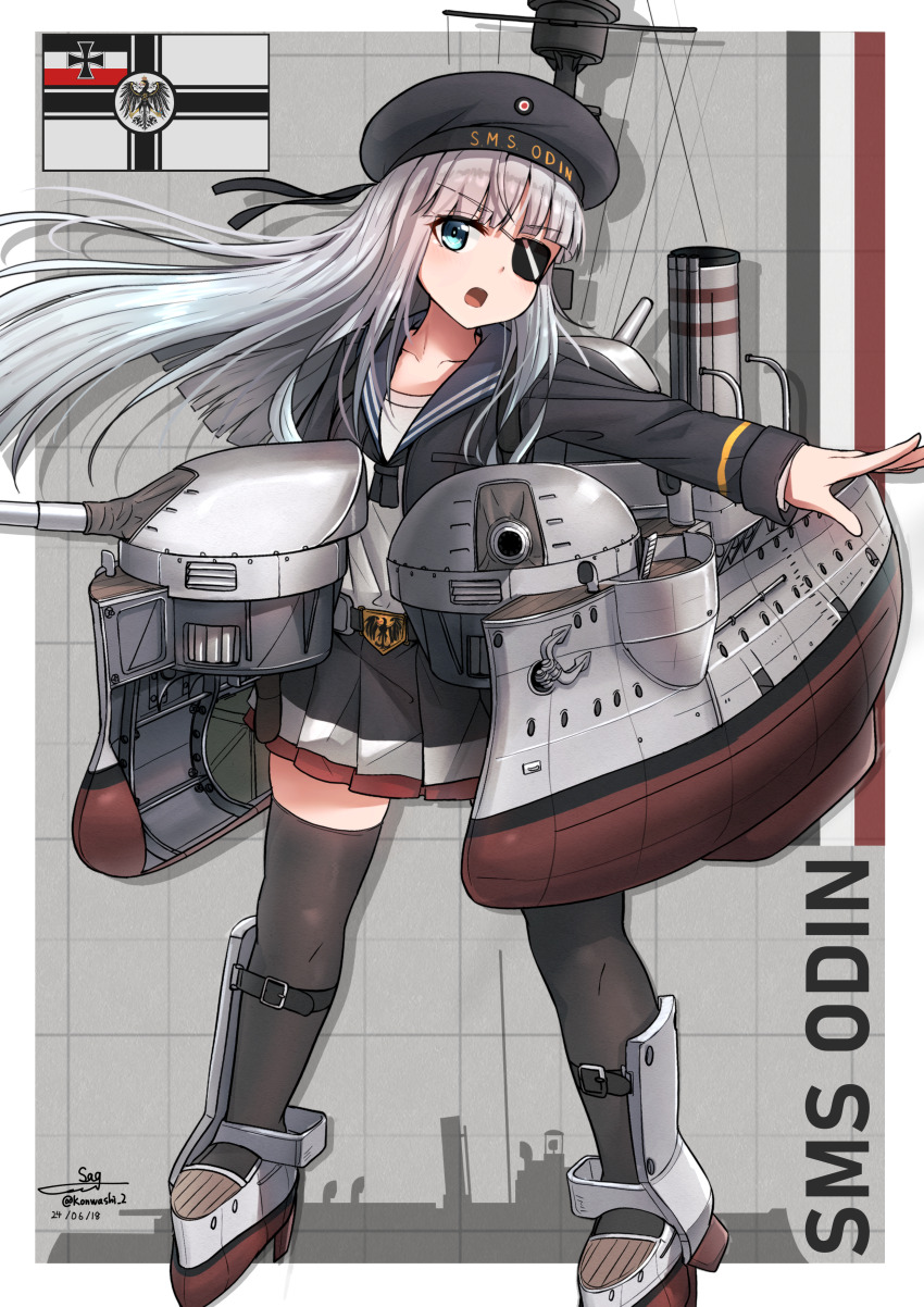 1girl absurdres anchor aqua_eyes battleship black_thighhighs blunt_bangs cannon character_name eyepatch german_empire grey_hair hat highres imperial_german_navy long_hair long_sleeves machinery mecha_musume military_vehicle miniskirt original personification pleated_skirt sailor_hat ship ship_turret skirt smokestack sms_odin solo teisei_misagi thighhighs very_long_hair warship watercraft