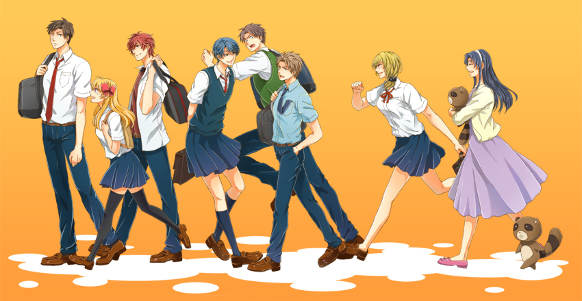 10s 4boys 4girls bag gekkan_shoujo_nozaki-kun height_difference hori_masayuki kashima_yuu mikoshiba_mikoto miyako_yukari multiple_boys multiple_girls nozaki_umetarou official_style pleated_skirt sakura_chiyo school_bag school_uniform seo_yuzuki skirt tanuki verde wakamatsu_hirotaka