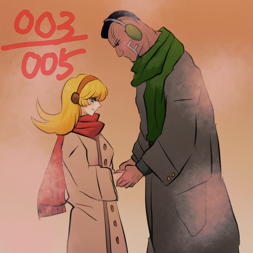 1boy 1girl black_coat black_hair blonde_hair blue_eyes blush brown_coat coat cyborg cyborg_009 dark_skin francoise_arnoul geronimo_jr green_scarf hairband highres holding_hands long_hair red_hairband red_scarf sariokisu scarf upper_body