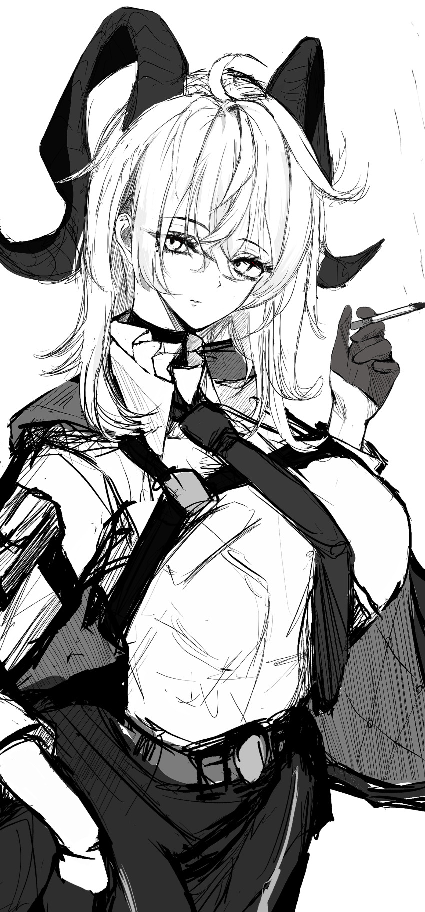 1girl absurdres arm_pouch b-shi bags_under_eyes black_pouch breasts choker cigarette closed_mouth collared_shirt commentary_request cowboy_shot curled_horns gloves greyscale hair_between_eyes half_gloves highres holding holding_cigarette horns large_breasts long_hair mole mole_under_eye monochrome necktie pants shirt shirt_tucked_in simple_background solo white_background wuthering_waves zani_(wuthering_waves)