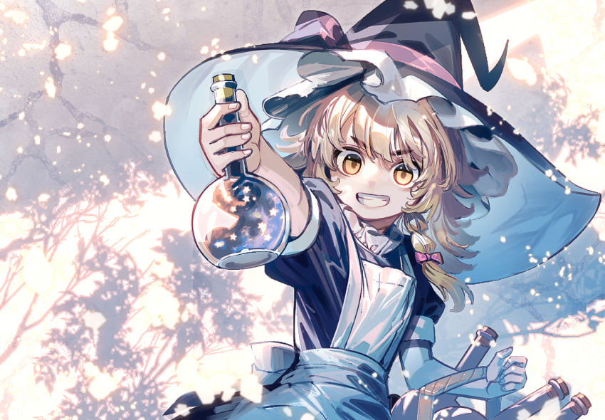 1girl apron arm_up back_bow basket black_dress black_hat blonde_hair bow braid commentary_request dress eyes_visible_through_hair fingernails flask frills grey_bow hair_between_eyes hair_bow hands_up hat hat_bow holding holding_test_tube kirisame_marisa looking_at_viewer medium_hair nail_polish orange_eyes pink_bow puffy_short_sleeves puffy_sleeves purple_bow shadow short_sleeves single_braid smile solo standing star_(symbol) teeth test_tube touhou v-shaped_eyebrows volumetric_flask white_apron white_nails witch_hat zounose