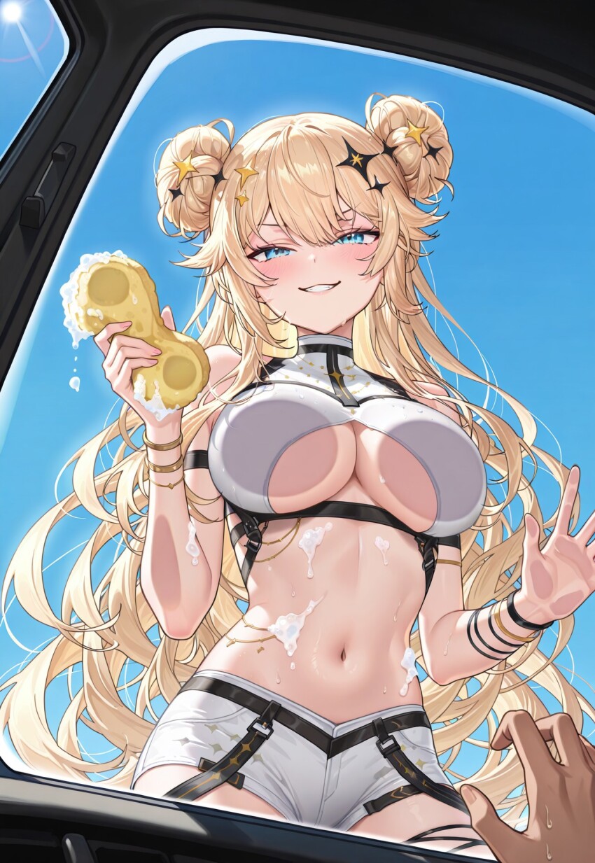 1girl against_glass blonde_hair blue_eyes blush breast_press breasts breasts_on_glass car cleaning cleavage crop_top double_bun from_inside hair_between_eyes hair_bun hair_ornament highres holding holding_sponge kaneko_lumi kaneko_lumi_(3rd_costume) large_breasts long_hair looking_at_viewer motor_vehicle navel on_car phase_connect short_braid smile soap soap_bubbles solo sponge star_(symbol) star_hairband toocvtubers virtual_youtuber washing_vehicle