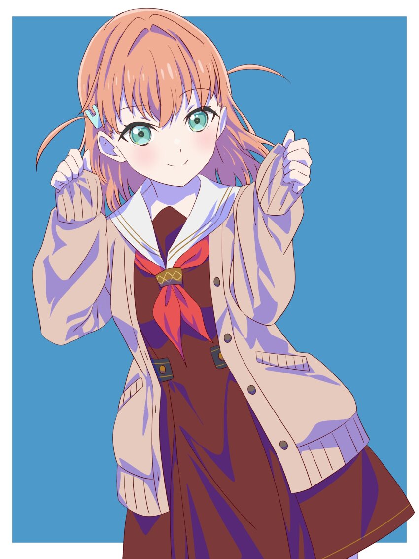 1girl aqua_eyes blue_background border borrowed_clothes brown_cardigan brown_dress cardigan closed_mouth clothes_grab commentary cowboy_shot crossed_bangs dress hair_intakes hair_ornament hasu_no_sora_school_uniform highres hinoshita_kaho link!_like!_love_live! long_sleeves looking_at_viewer love_live! medium_dress medium_hair murano_sayaka myrain56991013 open_cardigan open_clothes orange_hair outside_border pleated_dress rabbit_hair_ornament sailor_collar sailor_dress school_uniform simple_background sleeve_grab sleeves_past_wrists smile solo split_mouth standing two_side_up virtual_youtuber white_border white_sailor_collar winter_uniform