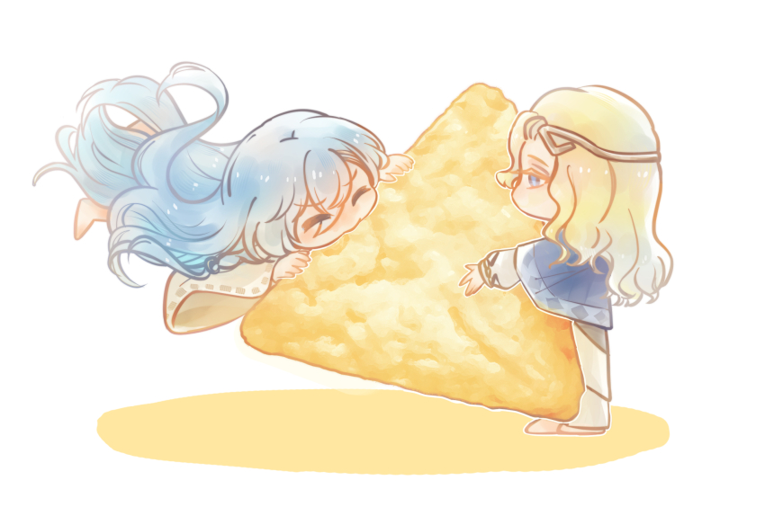 1boy 1girl 37_(reverse:1999) 6_(reverse:1999) ancient_greek_clothes barefoot blonde_hair blue_eyes blue_hair chibi chips_(food) circlet closed_eyes eating food food_focus greco-roman_clothes highres himation hugging_object long_hair oversized_food oversized_object pouncing profile reverse:1999 standing toga very_long_hair white_background yi_zui_hua_yue