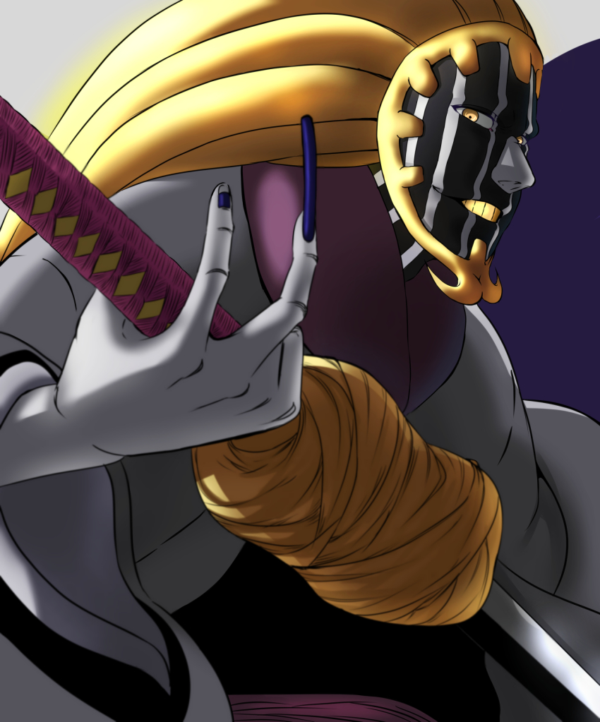 1boy backlighting black_kimono bleach bleach:_sennen_kessen-hen blue_nails colored_skin colored_teeth commentary_request fingernails foreshortening grin hand_up haori highres holding holding_sword holding_weapon japanese_clothes katana kimono kurotsuchi_mayuri long_fingernails long_sleeves looking_at_viewer makeup male_focus mitarashi_(5333069) nail_polish nose purple_background simple_background smile solo sword tsurime upper_body weapon white_skin wide_sleeves yellow_eyes yellow_teeth