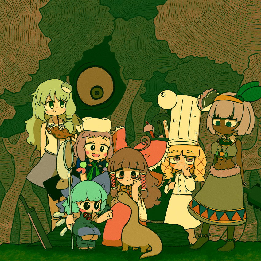 6+girls :t absurdres ahoge asatsuki_(cookie) barefoot black_eyes blonde_hair blue_dress blue_hair blue_skirt blush bob_cut bow bowtie brown_bow brown_bowtie brown_eyes brown_hair butterfly_net buttons chef chef_hat cirno closed_mouth collared_shirt commentary_request cookie_(touhou) dark-skinned_female dark_skin dinosaur double-breasted dress eating expressionless frilled_bow frilled_hair_tubes frills full_body green_eyes green_skirt grey_eyes grey_hair hair_bow hair_ornament hair_tubes hakurei_reimu hand_net hat highres holding holding_ladle horizontal_pupils ice ice_wings izayoi_sakuya kochiya_sanae ladle leaf_hair_ornament long_hair medium_hair micha_(cookie) midriff moriya_suwako muimui_(4242564muimui) multiple_girls navel oko_(cookie) open_mouth pinafore_dress planted planted_sword planted_weapon red_bow red_skirt shirt short_hair sidelocks skirt sleeveless sleeveless_dress sleeveless_shirt smile snot sword touhou tree tsuchinoko weapon web_(cookie) when_you_see_it white_hat white_shirt white_skirt wings x_x yamato_(cookie)