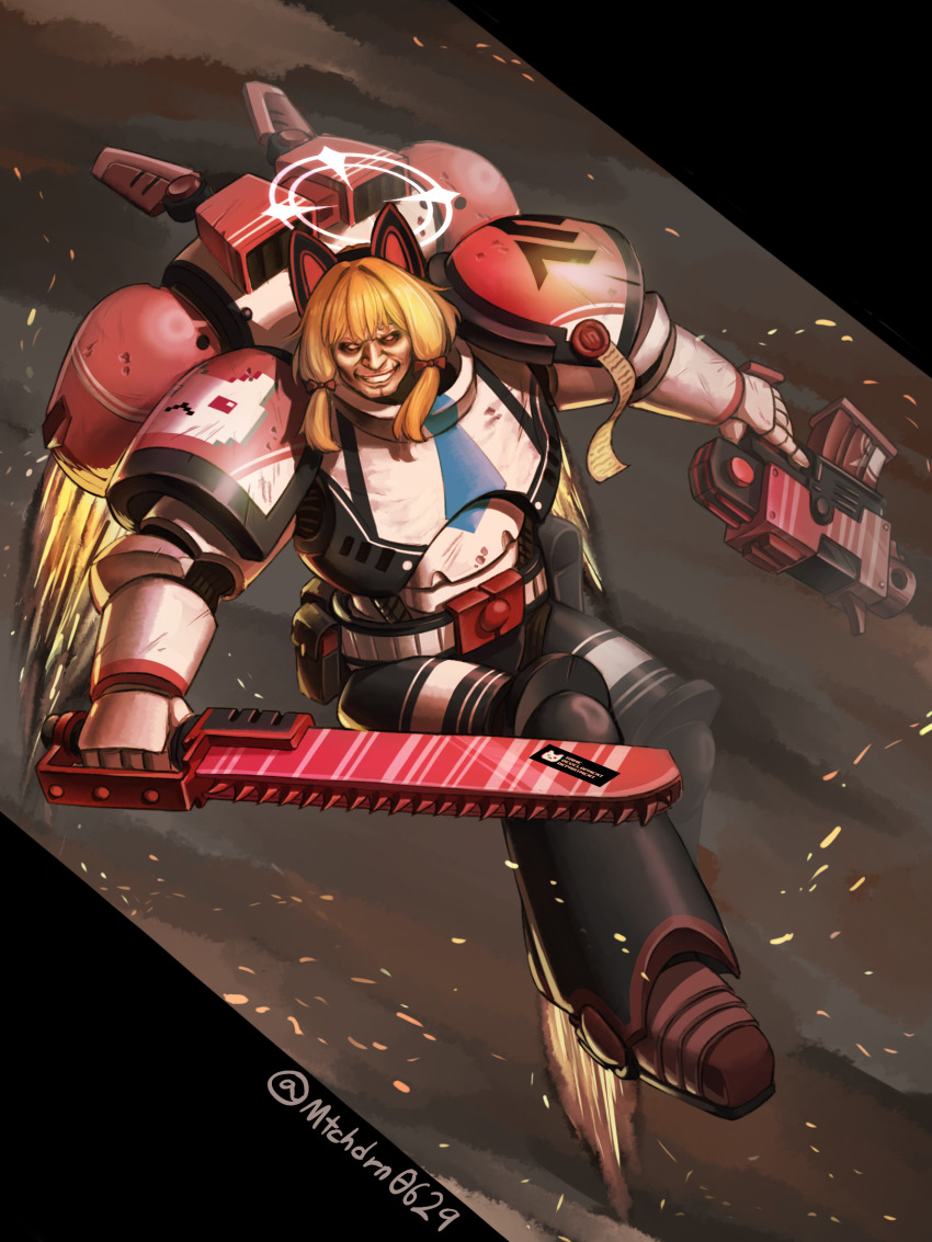 1boy adeptus_astartes animal_ear_headphones animal_ears armor artist_name blank_eyes blonde_hair blue_archive bow breastplate cat_ear_headphones chainsaw commentary cosplay death_momoi_(meme) embers english_commentary fake_animal_ears full_body grin gun halo headphones highres holding holding_weapon looking_at_viewer low-tied_sidelocks male_focus meme mitochondrion momoi_(blue_archive) momoi_(blue_archive)_(cosplay) pauldrons pink_armor pink_bow pink_halo pink_weapon power_armor short_hair shoulder_armor sidelocks smile twitter_username warhammer_40k weapon