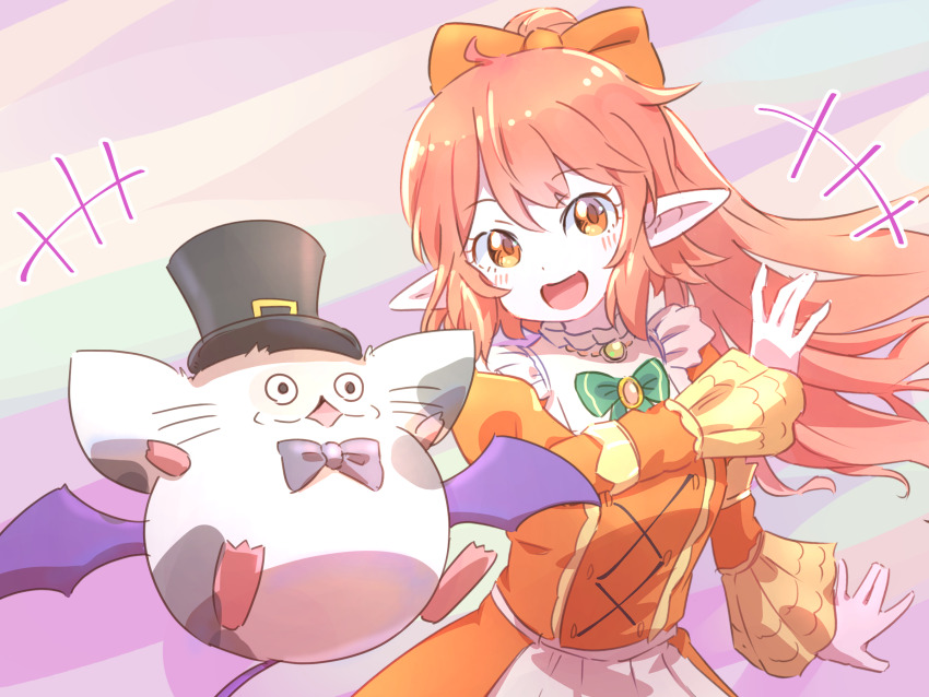1girl 1other :d bat_wings black_fur bow bowtie colored_skin commentary_request dragon_quest dragon_quest_x dress elf_(dq10) floating_hair green_bow hair_bow hat highres icorasama long_hair long_sleeves looking_at_viewer teeny_sanguini open_mouth orange_bow orange_dress orange_eyes orange_hair pink_skin pointy_ears simple_background smile top_hat upper_body white_fur wings