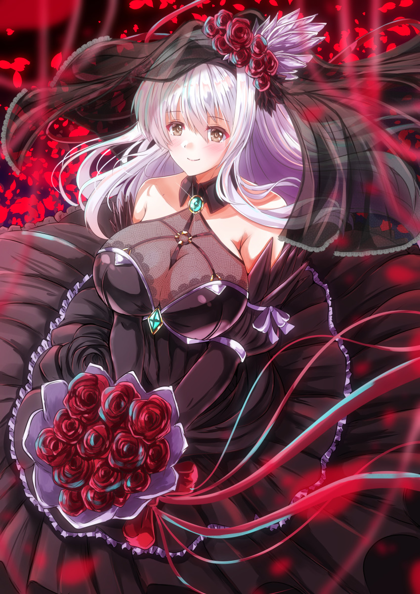 1girl absurdres alternate_costume black_dress black_veil bouquet breasts bridal_veil bride brown_eyes detached_sleeves dress flower highres holding holding_bouquet huge_breasts kantai_collection kentan_(kingtaiki) long_hair red_flower red_rose rose shoukaku_(kancolle) smile solo veil wedding_dress white_hair